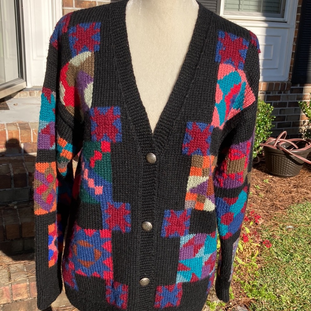 L.L. Bean Women's Black Multicolor Wool Cardigan Sweater